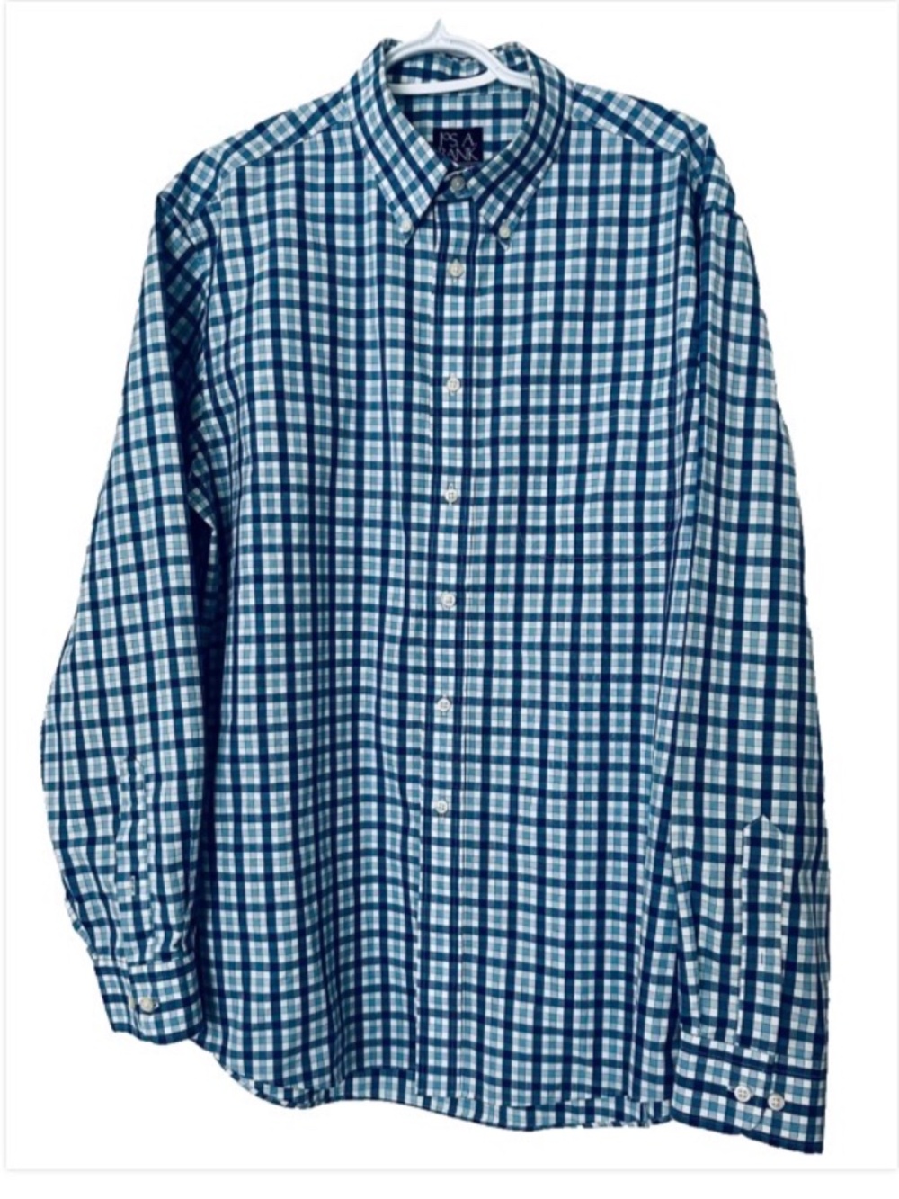 Jos. A Bank SZ L Travelers Collection Tailored Fit 100% Cotton Blue White Check